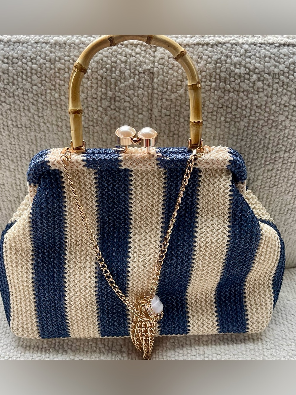 Tommy Bahama Straw Framed Bag Blue/Cream with Bamboo Handle  Gold KISS Lock - Picture 2 of 14